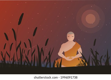 Thai monk is meditating by the river in the middle of the night, vector illustration