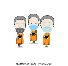 Thai monk put face mask virus protection. Vector illustration