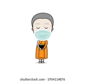 Thai monk put face mask virus protection. Vector illustration