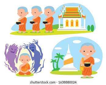 thai monk in three activities