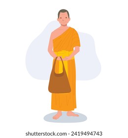 Thai Monk in Traditional Robes with fabric bag