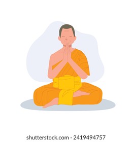 Thai Monk in Traditional Robes Meditating and praying in Serene Temple