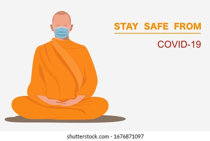 Thai monk wearing surgical face mask meditate calm the mind pray for covid Disappear from this world vector