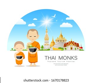 Thai Monks bowl and thai novice, of Buddhism thai temple pagodas and blue background,vector illustration