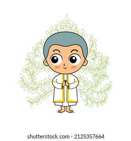 Thai monks Cute Cartoon in buddhism standing in front of the tree ,isolated on white background vector illustration