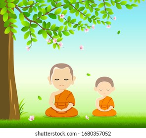 Thai monks and thai novice, Buddhism meditation sit down vector, on grass with under tree and flower background, illustration