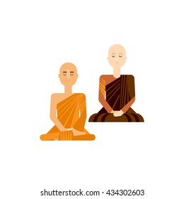 Thai monks sitting and meditating. Buddhist men and women in traditional religious robe. Eastern monk poses vector illustration. Flat design religious characters.