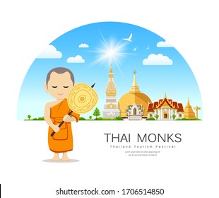 Thai monks talipot fan in hand on thailand place of respect for faith architecture design background, vector illustration