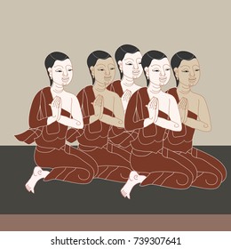 Thai monks in vintage painting style (Vector)