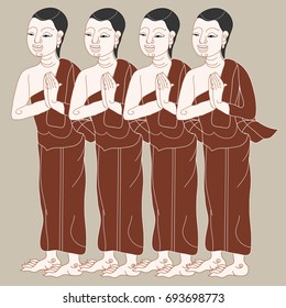 Thai monks in vintage style Illustration (Vector)