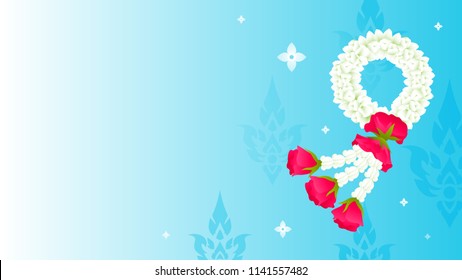 Thai Mother's day background vector illustration. Thai jasmine flower garland on blue background.
