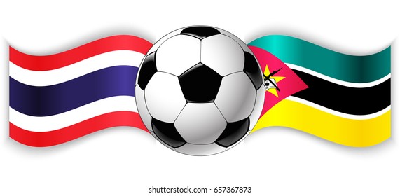 Thai and Mozambican wavy flags with football ball. Thailand combined with Mozambique isolated on white. Football match or international sport competition concept.