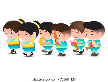 Thai music band dancer,tom tom,reed and organ. For festival and ceremony,big bubble head cartoon design,isolated,vector illustration