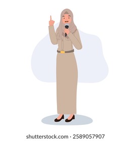 Thai Muslim female teacher in government uniform speaking with microphone, teaching or making an announcement 