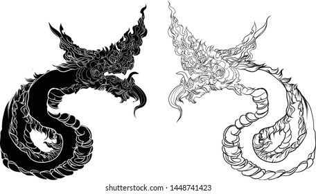 Thai Naga dragon outline and silhouette.
