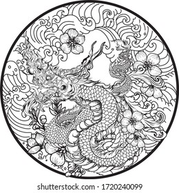 Thai naga dragon tattoo.Thai art traditional tattoo design.Naga is King of snake and animal of budhism.Thai Dragon isolate vector, Line Thai is Thailand Style and Tattoo design.