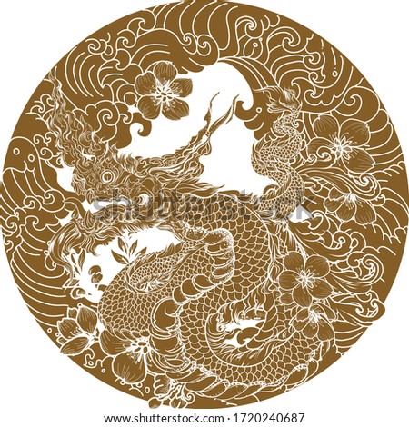 Thai naga dragon tattoo.Thai art traditional tattoo design.Naga is King of snake and animal of budhism.Thai Dragon isolate vector, Line Thai is Thailand Style and Tattoo design.