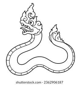 Thai Naga, legendary dragon serpent. Cartoon style black and white line art drawing. Vector clip art illustration.