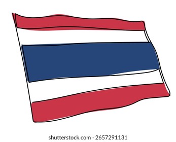 A bandeira nacional tailandesa em listras contínuas sobre um fundo branco.