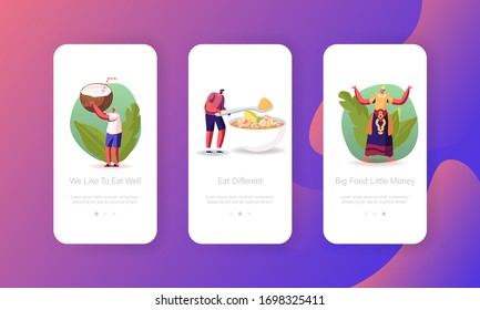 Thai National Meal, Asian Food Mobile App Page Onboard Screen Template. Tiny People Characters Cooking Thailand Dish Tom Yam Kung Sour Soup with Shrimps and Lime Concept. Cartoon Vector Illustration