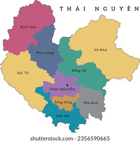 Thai Nguyen (Thái Nguyên) province of Vietnam administrative divisions map. Clored. Vectored. Cream colors