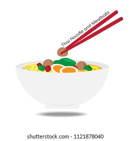 Thai noodle in bowl vector white background Noodle   meatballs and pair chopsticks illustration