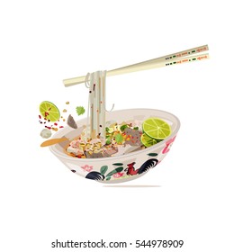 Thai Noodle In Chicken Thai Style Bowl. Pair Of Chopsticks - Vector Illustration