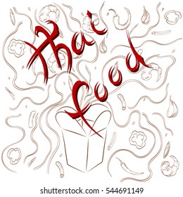 Thai noodle, inscription Thai food, wok box
