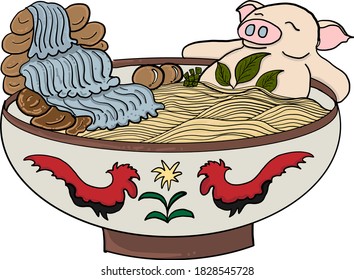 Thai noodle with pork on bowl.Asian food culture for painting on wallpaper.Noodle vector illustration on white.