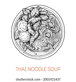 Thai noodles soup, thai food. Hand drawn vector illustration. Sketch style. Top view. Vintage vector illustration.