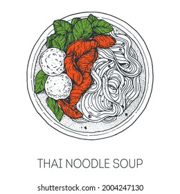 Thai noodles soup, thai food. Hand drawn vector illustration. Sketch style. Top view. Vintage vector illustration.