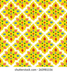 Thai ornament. Watercolor seamless pattern with abstract flowers on the white background, aquarelle. Vector illustration. Hand-drawn decorative element. Real watercolor painting