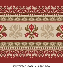 motif ornemental thaïlandais dans les tons rouges et beiges, orné d'élégantes frises florales et d'éléments symétriques. Parfait pour les thèmes traditionnels, les invitations et les textiles de luxe.