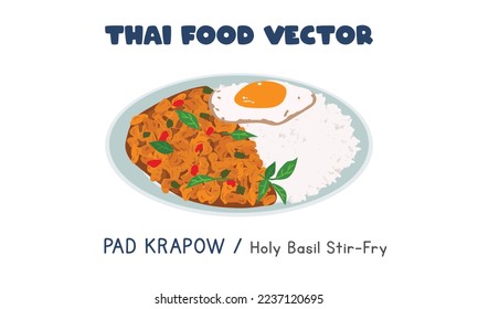 Thai Pad Krapow Gai - Thai Holy Basil Chicken Stir-Fry flat vector design,  clipart cartoon style. Asian food. Thai cuisine. Thai local food