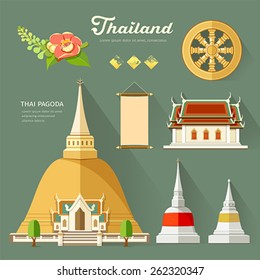 Thai Pagoda with temple, wheel of life, and flower, collections of thailand. vector illustration