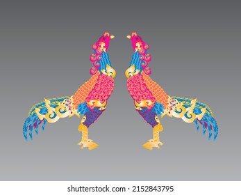 Thai pattern applied in the form of a chicken Bright colors on a gray background