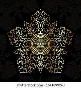 Thai pattern art, Vector golden lines. Pentagon shape on a black background.