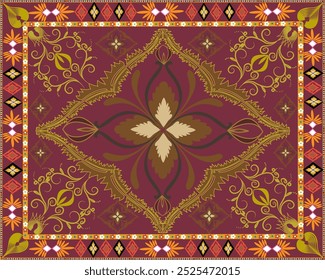Alfombra de patrón tailandés combinado con hermosas líneas en oro y negro sobre un fondo rojo oscuro.