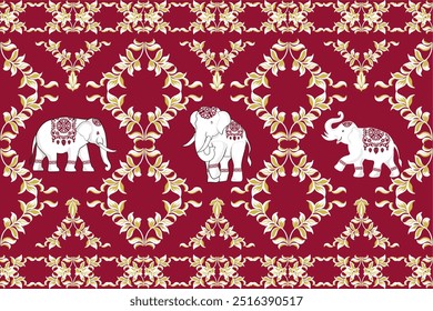 Thai pattern, elephants, seamless pattern, Navajo, traditional ethnic, fabric pattern for textiles, rugs, wallpaper, clothing, sarong, batik, wrapping, embroidery, print, background, cover, illustra