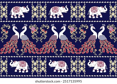 Thailändisches Muster, Elefanten, nahtloses Muster, Navajo, traditionell ethnisch, Stoffmuster für Textilien, Teppiche, Tapete, Kleidung, Sarong, Batik, Umhüllung, Stickerei, Druck, Hintergrund, Abdeckung, Illustration
