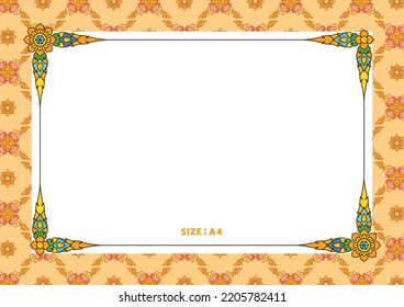 Thai Pattern Filigree Decoration Border Orange Flower Frame A4 Template Vector Illustration