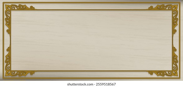 Thai pattern frame, gold color, on a textured wood floor. brown wood pattern