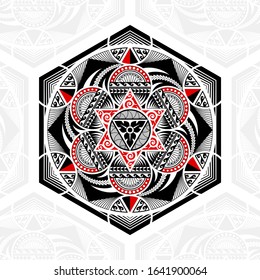 Thai pattern mixed art Polynesian art, Mandala art in hexagonal shapes, six-pointed stars and circles, black-red stripes on a white background