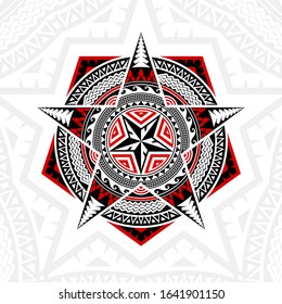 Thai pattern mixed art Polynesian art, Mandala art in Pentagon shapes, five-pointed stars and circles, black-red stripes on a white background