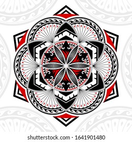 Thai pattern mixed art Polynesian art, Mandala art in circles shapes, six-pointed stars and hexagonal, black-red stripes on a white background.