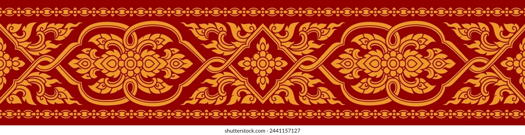 thai pattern seamless, red and gold Thai background, thai pattern temple, gold Thai art, Buddhism temple element, and background pattern decoration motifs for pillar pattern.