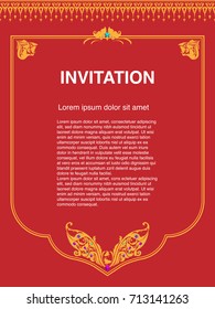 Ilustración tailandesa de estilo y plantilla de diseño de invitación decoración vectorial o de borde de marco de fondo en vintage floral dorado