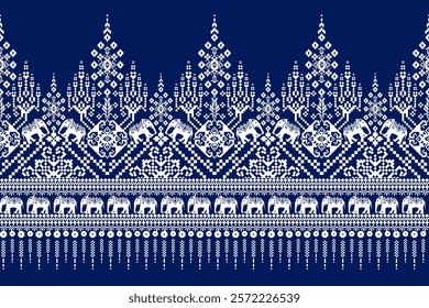 Thai pattern,elephants pattern,geometric ethnic pattern,elephants pixel art embroidery,vector illustration,Aztec style,abstract background.design for texture,fabric,clothing,decoration,print,sarong.