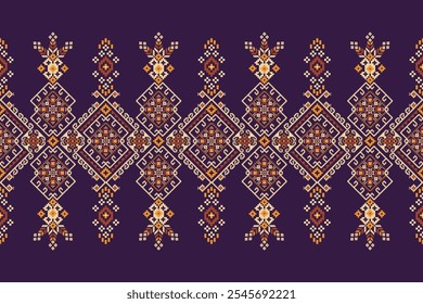 Thai pattern,geometric ethnic floral pattern on purple background,vector illustration,geometric flower pattern,Aztec style,abstract background.design for texture,fabric,clothing,decoration,neckline