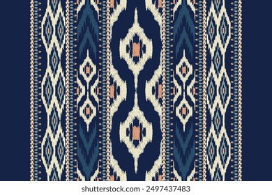 Patrón tailandés. Ikat patrón de diseño floral sobre fondo azul marino Ilustración vectorial. Ikat bordado oriental étnico. Ikat estilo azteca, abstracto. diseño para textura, tela, ropa, envoltura, decoración.